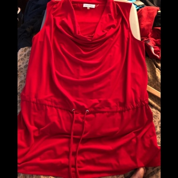 𝅺Calvin Klein size large red sleeveless draped cowl neck cinches at waist - Picture 8 of 12